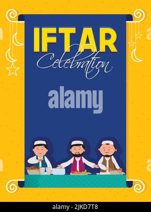 Iftar Party Flyer Design avec des hommes islamiques savourant des aliments délicieux sur fond bleu et orange. Illustration de Vecteur