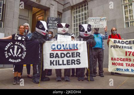 Londres, Royaume-Uni. 21st juillet 2022. Des militants se sont réunis en dehors de la DEFRA (le Département de l'environnement, de l'alimentation et des affaires rurales) pour protester contre l'actuelle réforme des blaireaux, qui fait partie de la politique du gouvernement britannique contre la propagation de la tuberculose bovine. Les scientifiques et les activistes insistent sur le fait que le massacre des animaux sauvages est inutile, cruel et inefficace contre la propagation de la tuberculose bovine. Banque D'Images