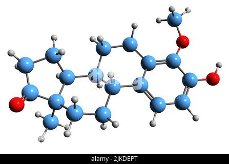 3D image de la formule squelettique de la méthoxyestrone - structure chimique moléculaire de l'œstrogène du catéchol méthoxylé isolé sur fond blanc Banque D'Images