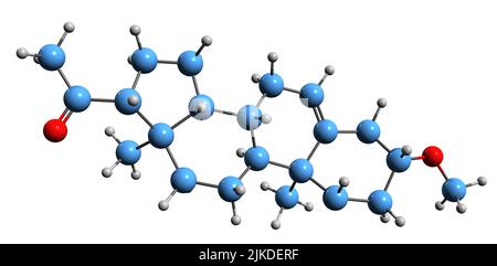 3D image de la formule squelettique de méthoxyprégnenolone - structure chimique moléculaire du stéroïde neuroactif synthétique isolé sur fond blanc Banque D'Images