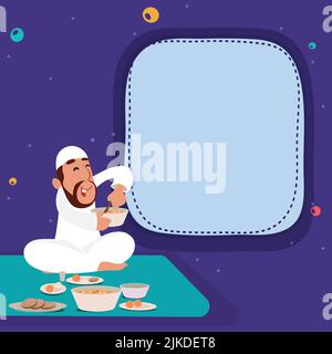 Caricature de l'homme islamique appréciant avec Delicious Foods et Copy Space sur fond bleu pour le concept du festival islamique. Illustration de Vecteur