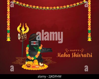 Statue de Hindi Lord Shiva Lingam avec Trishul (Trident), plaque de culte et guirlande florale (Toran) sur fond de Temple Silhouette rouge pour Happy Maha Shi Illustration de Vecteur