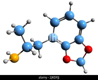 3D image de la formule squelettique de méthylènedioxyamphétamine - structure chimique moléculaire du dérivé d'amphétamine empathogène-entacytogen isolé sur W Banque D'Images