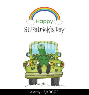 Happy St. Patrick's Day font avec Rainbow, vue de face de Leprechaun Homme allongé sur un taxi sur fond blanc. Illustration de Vecteur