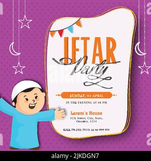 Carte d'invitation à la fête de l'iftar avec personnage de garçon islamique joyeux et détails de l'événement sur fond blanc et violet en pointillés. Illustration de Vecteur