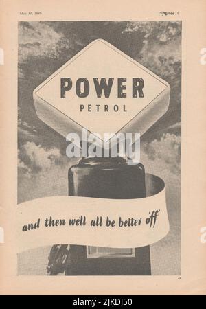 Publicité ancienne de Power essence d'un magazine automobile britannique Banque D'Images