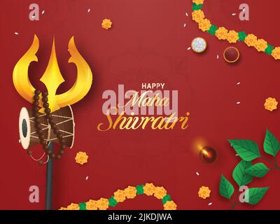 Happy Maha Shivratri font avec Trishul (Trident), Damru, Rudraksha Mala (perles de prière hindoues), guirlande de fleurs, lampe à huile allumée (Diya), feuilles de Bael, Kumkum Illustration de Vecteur