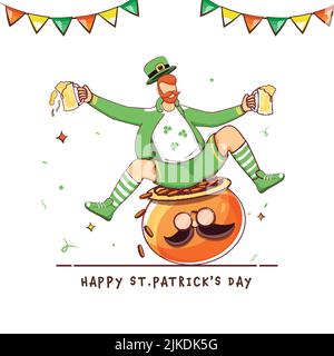 Happy St. Patrick's Day concept avec le craon Leprechaun Homme assis à Cauldron de pièces de monnaie et tenir des tasses de bière sur fond blanc. Illustration de Vecteur