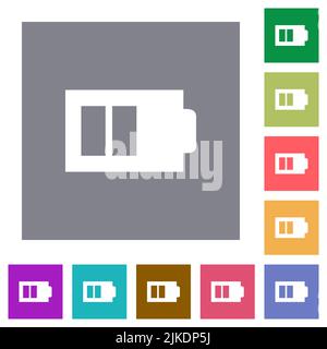 La moitié de la batterie avec deux unités de charge alternent les icônes plates sur des arrière-plans carrés de couleur simple Illustration de Vecteur
