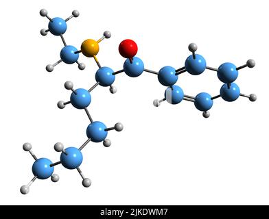 3D image de la formule squelettique N-Ethylhexedrone - structure chimique moléculaire de l'hexen stimulant isolé sur fond blanc Banque D'Images