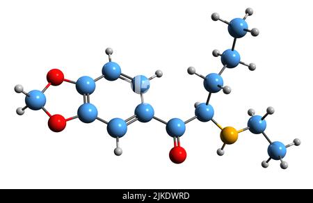 3D image de la formule squelettique N-Ethylpentylone - structure chimique moléculaire du stimulant substitué de la cathinone isolé sur fond blanc Banque D'Images