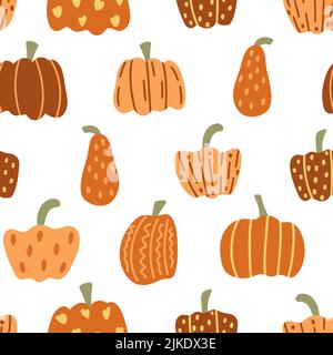 Citrouilles dessinées à la main, motif automnal sans couture. Arrière-plan avec citrouilles orange décorées. Imprimé d'automne pour les textiles, l'emballage et le design. Symbole automne Illustration de Vecteur