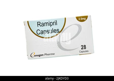 Image d'un paquet de capsules de Ramipril, un inhibiteur de l'ECA utilisé dans le traitement de l'hypertension. Banque D'Images