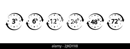 Flèche d'horloge 3, 6, 12, 24, 48, 72hours. Ensemble d'icônes de temps de service de livraison. Isolé sur fond blanc. Illustration vectorielle Illustration de Vecteur