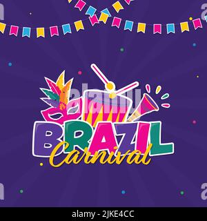 Carnaval du Brésil coloré avec éléments du festival de style autocollant et drapeaux à banderoles décorés sur fond de rayons violets. Illustration de Vecteur
