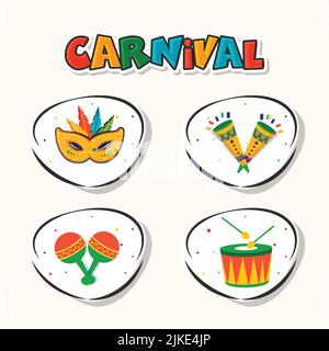 Sticker style Carnaval coloré texte avec masque de plumes, Vuvuzela, Maracas, instrument de tambour sur fond blanc. Illustration de Vecteur