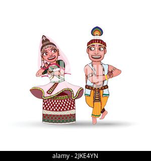 Jeune couple effectuant la danse classique de Manipuri dans une tenue traditionnelle. Illustration de Vecteur