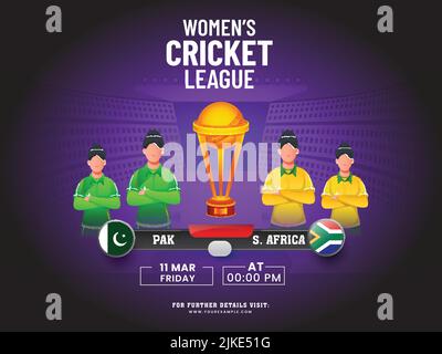 Match de cricket féminin entre le Pakistan et l'Afrique du Sud avec des joueurs féminins sans visage, coupe de Trophée gagnante de 3D sur fond violet et noir de stade. Illustration de Vecteur