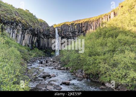 Cascade de Svartifoss dans le parc national de Skaftafell en Islande, entourée de colonnes de basalte sombres Banque D'Images