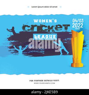 Concept de la Ligue de cricket pour femmes avec coupe de Trophée d'or réaliste, silhouette des joueuses féminines sur fond bleu et blanc. Illustration de Vecteur