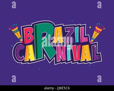 Sticker style coloré Brésil Carnaval font avec Vuvuzela ou trompette sur fond violet. Illustration de Vecteur