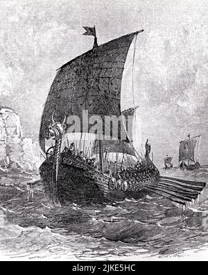 0990S GRAVURE D'UNE ANCIENNE LONGSHIP VIKING DRAKKAR DRAGON TYPIQUE AVEC UN ARC SYMÉTRIQUE ET DES ARRES DE STERN ET BOUCLIERS UN SEUL VOILE - A1800 LAN001 HARS OPPORTUNITÉ OAR A PARLÉ DRAGON ÉLÉGANT NORSEMEN LONG NAVIRE TYPIQUE VIKING AGE WARRIORS NOIR ET NORSE BLANC ANCIEN STYLE NORSE SCANDINAVE BOUCLIERS VIKINGS NAVIRES DE GUERRE Banque D'Images