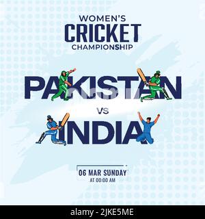 Match de cricket féminin entre le Pakistan et l'Inde avec joueurs de cricket sur fond en pointillés cyan clair. Illustration de Vecteur