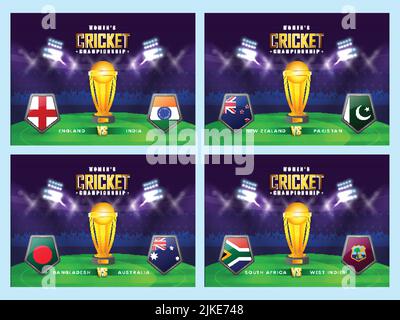 Women's Cricket Championship social Media Poster Design avec les pays participants drapeau Shield et 3D gagnant Trophy Cup sur la vue du stade dans four opt Illustration de Vecteur