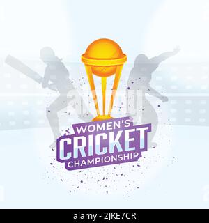 Sticker style pour les femmes de championnat de cricket police avec 3D gagnants Trophy Cup et Silhouette joueurs de cricket sur fond blanc et bleu. Illustration de Vecteur