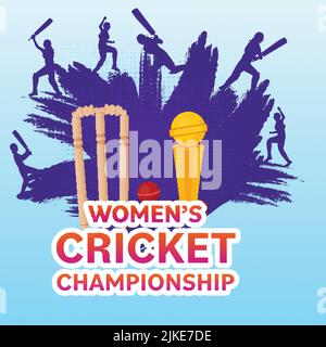 Sticker style pour femmes Cricket Championship font avec la coupe de Trophy gagnante, les joueurs de Silhouette et l'effet de pinceau violet sur fond bleu. Illustration de Vecteur