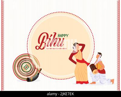 Couple Assamese sans visage donnant des performances dans une tenue traditionnelle avec instrument de musique sur fond de bande orange pastel et blanc pour Happy Bihu Fe Illustration de Vecteur