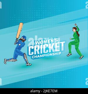 Sticker style femmes Cricket Championship font avec des joueurs de Bowler et batter féminins dans le jeu de pose sur fond bleu Halftone effet. Illustration de Vecteur