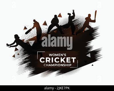 Silhouette Female Cricket joueurs dans différentes poses avec effet de coup de pinceau sur fond blanc demi-ton pour le championnat de cricket pour femmes. Illustration de Vecteur