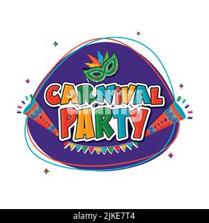 Sticker style coloré Carnival Party texte avec Feather Mask Stick, Vuvuzela ou trompette, drapeaux de Bunting sur fond violet et blanc. Illustration de Vecteur