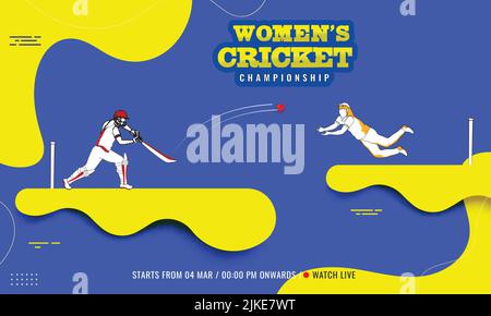 Sticker style Championship de cricket pour femmes texte avec joueur de bataille, joueur de terrain ou Bowler en action pose sur fond jaune et bleu. Illustration de Vecteur