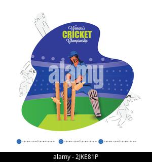 Affiche de championnat de cricket pour femmes avec balle de gardien de cricket pour femmes sur le fond du stade Abstract. Illustration de Vecteur