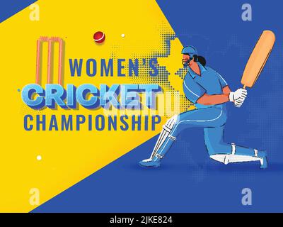 Affiche de championnat de cricket pour femmes avec un joueur de batter pour jouer à la pose sur fond bleu et jaune effet demi-ton. Illustration de Vecteur