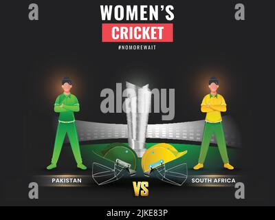 Match de cricket féminin entre le Pakistan et l'Afrique du Sud avec des joueurs de cricket féminins sans visage et une coupe de trophée gagnante d'argent au Playground. Illustration de Vecteur