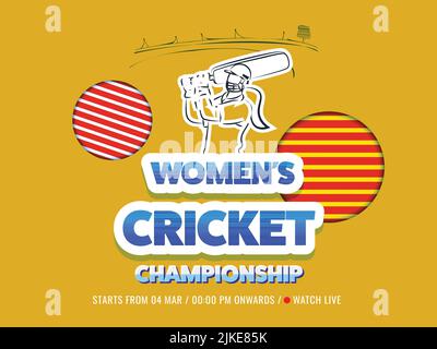 Sticker style femmes Cricket Championship font avec batter Player sur fond de coupe de papier jaune. Illustration de Vecteur