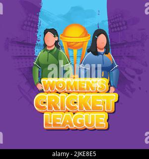Sticker style femmes Cricket League font avec les joueurs de cricket participants de l'Inde contre le Pakistan, réaliste gagnant Trophée Cup sur le bleu et violet B Illustration de Vecteur