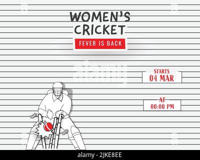 Le Cricket Fever pour femmes est une police de dos avec un ticker style ticker Keeper Hit ball aux souches sur fond blanc à rayures horizontales. Illustration de Vecteur