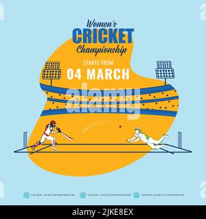 Affiche de championnat de cricket pour femmes avec Batter Player, Fielder OU Bowler en jouant à la pose sur fond orange et bleu. Illustration de Vecteur