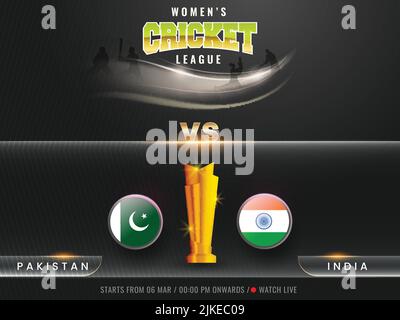 Match de cricket féminin Voir Live Show of participant Team Pakistan VS India, 3D Shiny Winning Trophy Cup sur Black Silhouette Players Background. Illustration de Vecteur