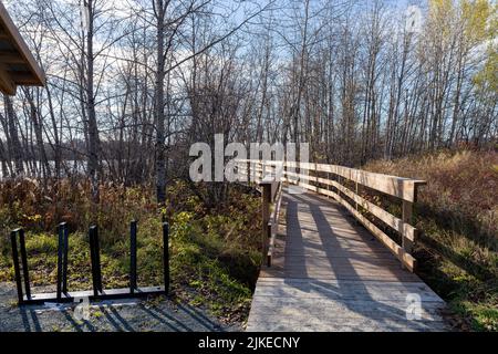 Sentier de randonnée en bois sur le rivage du lac Noranda. Rouyn-Noranda, Abitibi-Témiscamingue, Québec, Canada. Banque D'Images