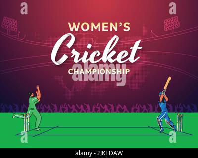 Concept de championnat de cricket pour femmes avec des joueurs participants de l'Inde contre le Pakistan sur le fond du stade. Illustration de Vecteur