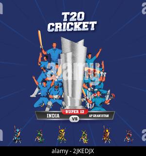 Match de cricket T20 entre les joueurs de l'Inde et de l'Afghanistan avec 3D Silver Trophy Cup contre Blue Rays Background. Illustration de Vecteur