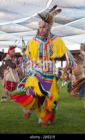 Homme adulte vêtu d'une tenue de danseuse d'herbe colorée au Shoshone Bannock Pow Wow, fort Hall Idaho Banque D'Images
