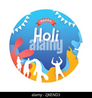 Happy Holi Celebration concept avec Silhouette People Aappréciant, effet Splash peinture sur fond bleu et blanc. Illustration de Vecteur