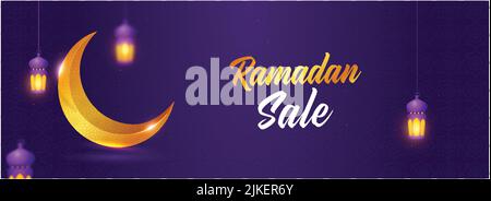 Solde de Ramadan bannière ou affiche supérieure avec lune de croissant d'or, lanternes illuminées accrocs sur fond violet. Illustration de Vecteur
