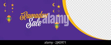 Design de bannière ou d'en-tête de vente de Ramadan avec espace pour l'image du produit sur fond violet et PNG. Illustration de Vecteur